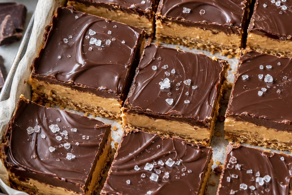 No Bake Desserts Recipes: Chocolate Peanut Butter Bars 1 Photo of No Bake Desserts Recipes: Chocolate Peanut Butter Bars (no bake desserts recipes): A close overhead view of no bake desserts recipes featuring chocolate peanut butter bars cut into neat squares in a parchment-lined pan, with a crisp graham cracker base, thick peanut butter layer, glossy chocolate topping, and a few flaky salt crystals