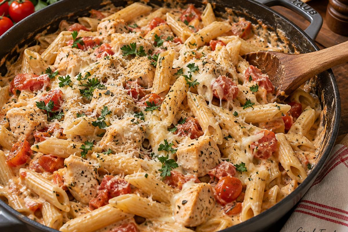 One Pot Creamy Chicken Pasta with Tomatoes and Parmesan 1 Photo of One Pot Creamy Chicken Pasta with Tomatoes and Parmesan (one pot creamy chicken pasta): A rustic skillet filled with one pot creamy chicken pasta, showing penne coated in creamy Parmesan sauce with cubes of chicken, diced tomatoes, melted mozzarella, parsley, and a wooden spoon on a warm kitchen table