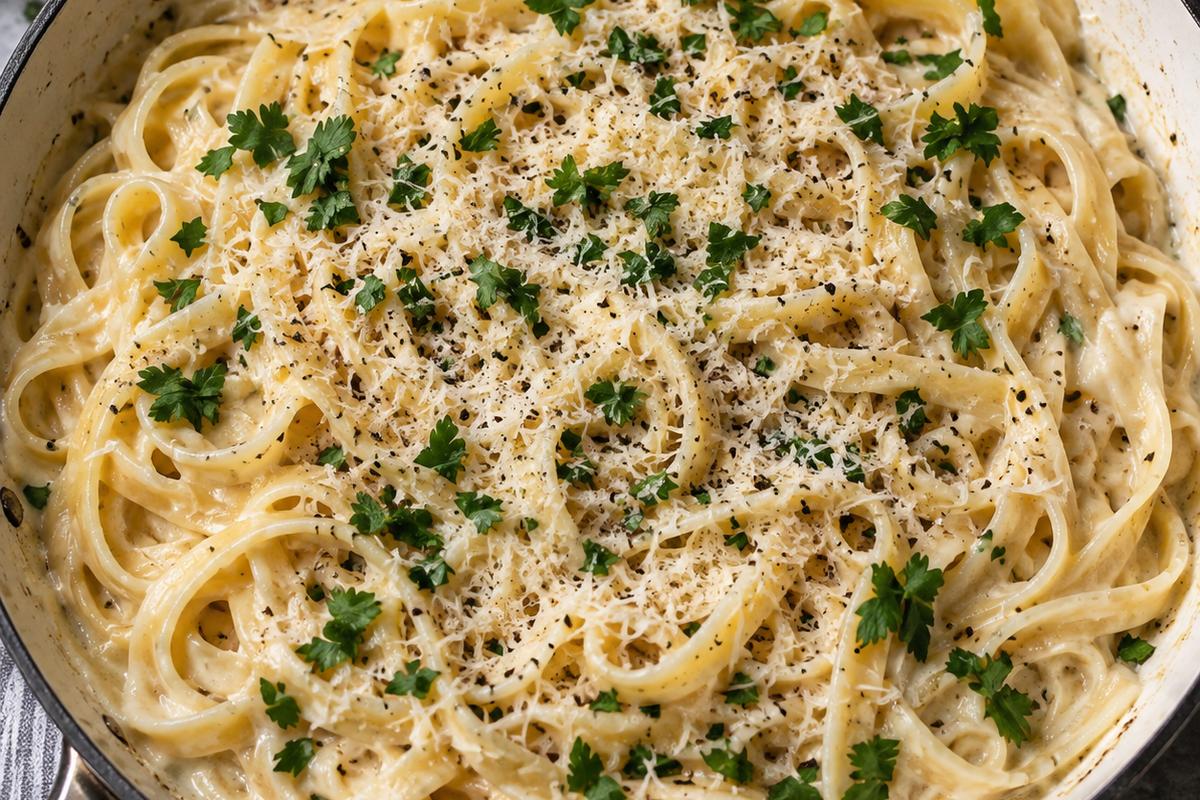 One Pot Garlic Parmesan Pasta 1 Photo of One Pot Garlic Parmesan Pasta (one pot garlic parmesan pasta): A close overhead view of one pot garlic parmesan pasta made with glossy fettuccine in a creamy garlic Parmesan sauce, finished with grated Parmesan, chopped fresh parsley, and cracked black pepper in a wide skillet