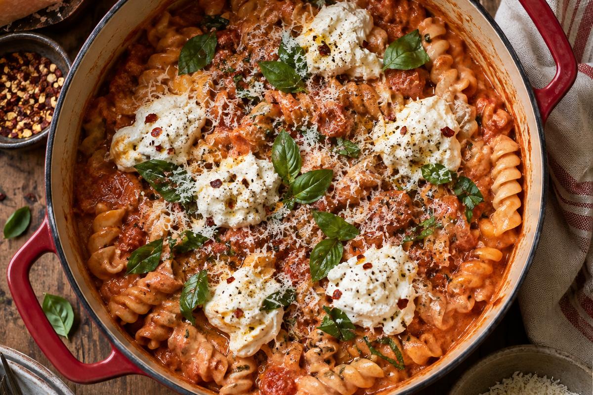 Creamy Tomato One Pot Pasta Recipes with Ricotta 1 Photo of Creamy Tomato One Pot Pasta Recipes with Ricotta (one pot pasta recipes): A rustic Dutch oven filled with creamy tomato one pot pasta recipes, short fusilli coated in glossy red sauce with dollops of ricotta, torn basil, Parmesan, and red chili flakes, photographed overhead on a warm kitchen table