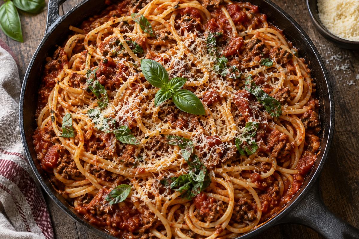 Pasta with Ground Beef Tomato Sauce (One-Skillet Dinner) 1 Photo of Pasta with Ground Beef Tomato Sauce (One-Skillet Dinner) (pasta with ground beef tomato sauce): A rustic overhead view of pasta with ground beef tomato sauce in a deep skillet, with tender spaghetti coated in red tomato basil sauce, browned ground beef, grated Parmesan, and fresh basil leaves