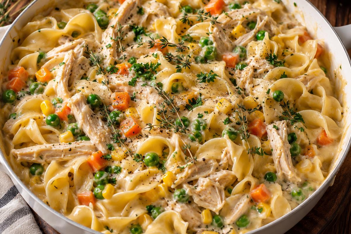 Creamy Chicken Pot Pie Pasta Recipe 1 Photo of Creamy Chicken Pot Pie Pasta Recipe (pot pie pasta recipe): Creamy chicken pot pie pasta recipe in a wide white skillet, glossy egg noodles coated in sauce with shredded chicken, peas, carrots, corn, thyme, and chopped parsley, photographed from a warm overhead angle