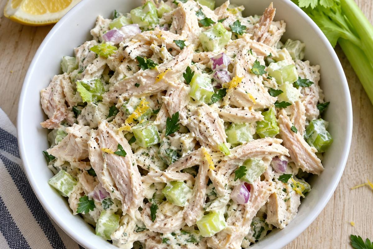 Rotisserie Chicken Salad Recipe with Celery and Lemon 1 Photo of Rotisserie Chicken Salad Recipe with Celery and Lemon (rotisserie chicken salad recipe): A close overhead view of rotisserie chicken salad recipe in a white ceramic bowl, showing shredded chicken coated in creamy lemon dressing with diced celery and onion, a lemon wedge and celery leaves nearby on a light wood table