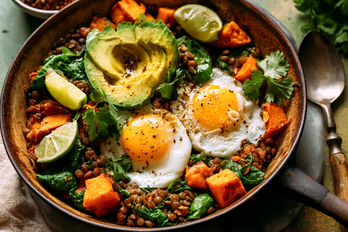 Cheap Healthy Dinners for Two: Smoky Lentil Sweet Potato Skillet 1 Photo of Cheap Healthy Dinners for Two: Smoky Lentil Sweet Potato Skillet (cheap healthy dinners for two): A rustic skillet holding smoky lentil and sweet potato dinner with spinach, two sunny fried eggs, avocado slices, lime wedges, and cilantro, styled as cheap healthy dinners for two on a small dinner table