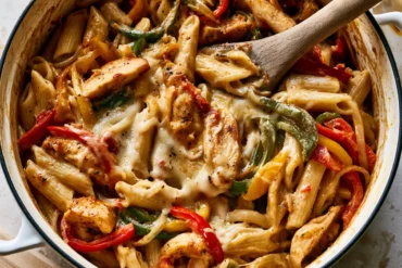 Photo of Cheesy Chicken Pasta One Pot with Peppers (cheesy chicken pasta one pot): A colorful cheesy chicken pasta one pot in a wide white Dutch oven, with creamy penne, golden sliced chicken, red green and yellow bell peppers, onions, and melted pepper jack cheese, photographed overhead in warm natural kitchen light