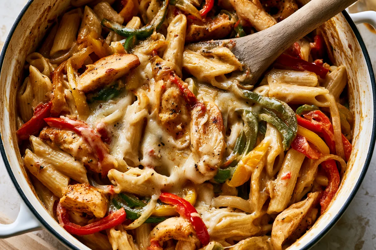 Cheesy Chicken Pasta One Pot with Peppers 1 Photo of Cheesy Chicken Pasta One Pot with Peppers (cheesy chicken pasta one pot): A colorful cheesy chicken pasta one pot in a wide white Dutch oven, with creamy penne, golden sliced chicken, red green and yellow bell peppers, onions, and melted pepper jack cheese, photographed overhead in warm natural kitchen light