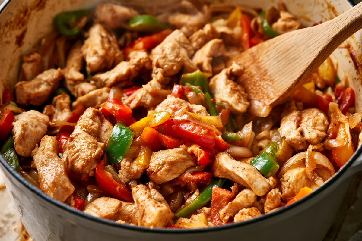 Cheesy Chicken Pasta One Pot with Peppers 2 Close-up of cheesy chicken pasta one pot during preparation in a large Dutch oven, showing sautéed sliced chicken set among softened red green and yellow peppers and onion, with a wooden spoon stirring