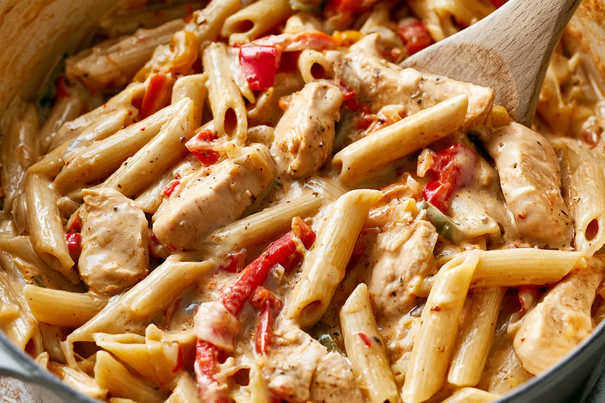 Cheesy Chicken Pasta One Pot with Peppers 3 Cheesy chicken pasta one pot simmering in a Dutch oven, with tender penne, sliced chicken, and colorful bell peppers coated in a thick creamy sauce, viewed from a slight overhead angle