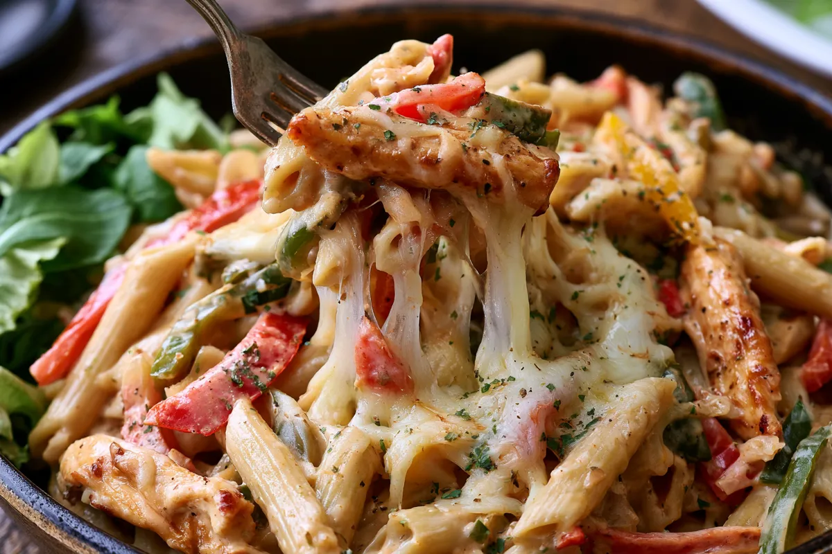 Cheesy Chicken Pasta One Pot with Peppers 4 A plated serving of cheesy chicken pasta one pot being lifted with a fork, showing creamy penne, tender chicken strips, red green and yellow bell peppers, and stretchy melted pepper jack cheese, with a simple green salad beside it