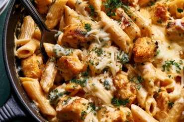 Photo of Cheesy Chicken Pasta Skillet (cheesy chicken pasta skillet): A close overhead view of cheesy chicken pasta skillet in a black cast-iron skillet, showing golden diced chicken, penne coated in creamy cheddar mozzarella sauce, parsley, and melted cheese strands