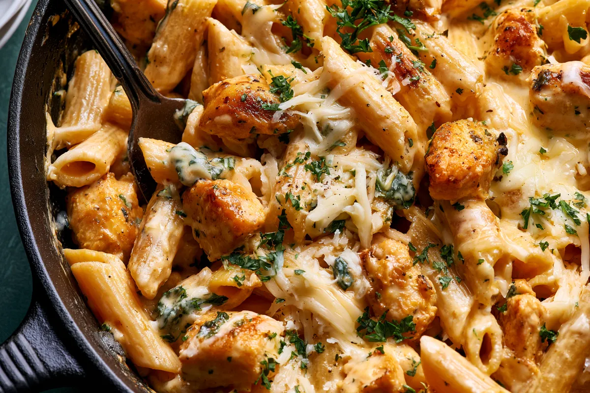 Cheesy Chicken Pasta Skillet 1 Photo of Cheesy Chicken Pasta Skillet (cheesy chicken pasta skillet): A close overhead view of cheesy chicken pasta skillet in a black cast-iron skillet, showing golden diced chicken, penne coated in creamy cheddar mozzarella sauce, parsley, and melted cheese strands