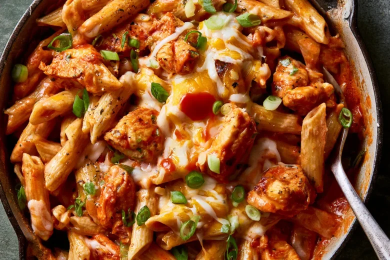 Chicken Pasta Recipes Buffalo-Style: Creamy One-Skillet Penne 15 Photo of Chicken Pasta Recipes Buffalo-Style: Creamy One-Skillet Penne (chicken pasta recipes buffalo): A close, overhead view of creamy Buffalo chicken penne in a deep skillet, with golden bite-size chicken, melted cheddar and mozzarella, red-orange sauce, sliced green onions, and a small drizzle of Buffalo sauce