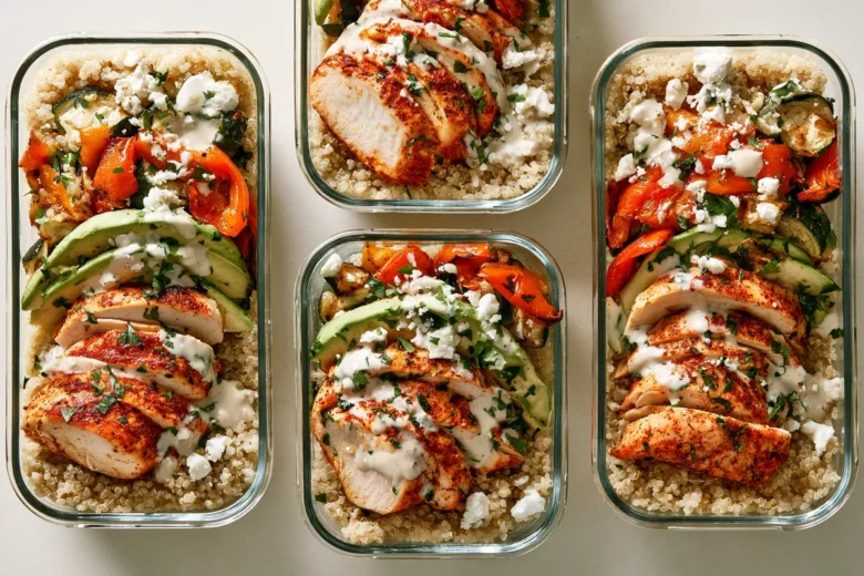 Chicken Quinoa Meal Prep Bowls with Lemon Tahini Yogurt Sauce 20 Photo of Chicken Quinoa Meal Prep Bowls with Lemon Tahini Yogurt Sauce (chicken quinoa meal prep): Four glass containers of chicken quinoa meal prep arranged on a light kitchen counter, each filled with fluffy quinoa, sliced paprika-seasoned chicken breast, roasted bell peppers and zucchini, avocado, feta, parsley, and a drizzle of lemon tahini yogurt sauce
