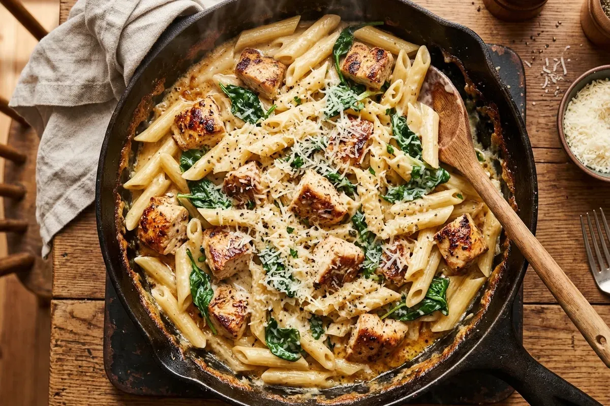 Creamy Chicken Alfredo Pasta Recipes: Easy One-Skillet Penne 1 Photo of Creamy Chicken Alfredo Pasta Recipes: Easy One-Skillet Penne (creamy chicken alfredo pasta recipes): A warm overhead view of creamy chicken alfredo pasta recipes made with penne, golden chicken pieces, wilted spinach, and glossy Parmesan garlic sauce in a large skillet, finished with black pepper and grated Parmesan