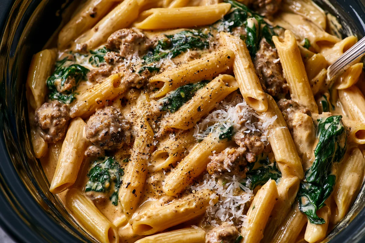 Creamy Crockpot Pasta Recipes Ground Beef Dinners with Spinach 1 Photo of Creamy Crockpot Pasta Recipes Ground Beef Dinners with Spinach (crockpot pasta recipes ground beef dinners): Overhead close view of creamy crockpot pasta recipes ground beef dinners, showing penne coated in Parmesan cream sauce with browned ground beef, wilted spinach, black pepper, and grated Parmesan in a slow cooker insert