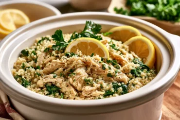Photo of Dinner Recipes Healthy Crockpot Meal Ideas: Lemon Chicken Quinoa (dinner recipes healthy crockpot meal ideas): Dinner recipes healthy crockpot meal ideas featuring lemon herb shredded chicken with fluffy quinoa and wilted spinach in a white slow cooker, garnished with parsley and lemon slices, warm natural kitchen light