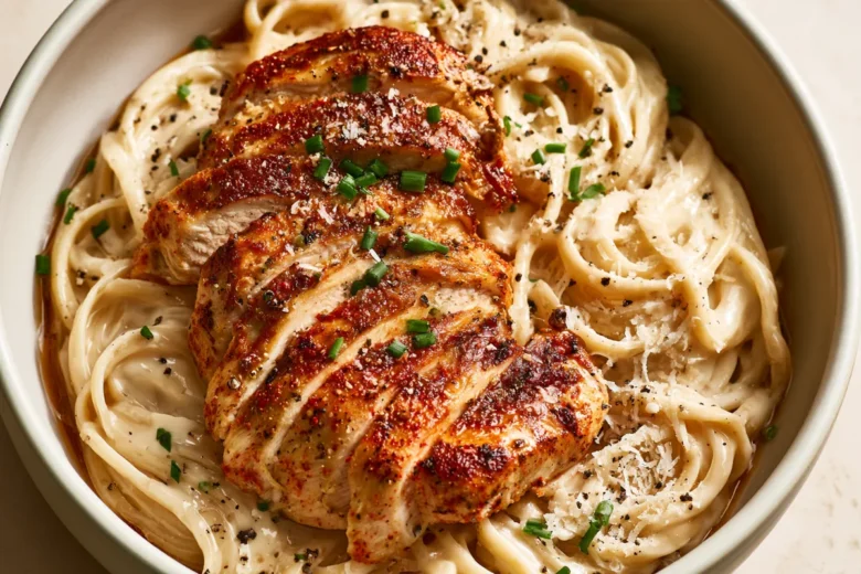 Creamy Garlic Alfredo Chicken Pasta Recipe 15 Photo of Creamy Garlic Alfredo Chicken Pasta Recipe (garlic alfredo chicken pasta): A close, overhead three-quarter view of garlic alfredo chicken pasta in a wide cream-colored bowl, with sliced golden paprika-seasoned chicken over glossy Parmesan Alfredo-coated pasta, chives, cracked black pepper, and grated Parmesan visible