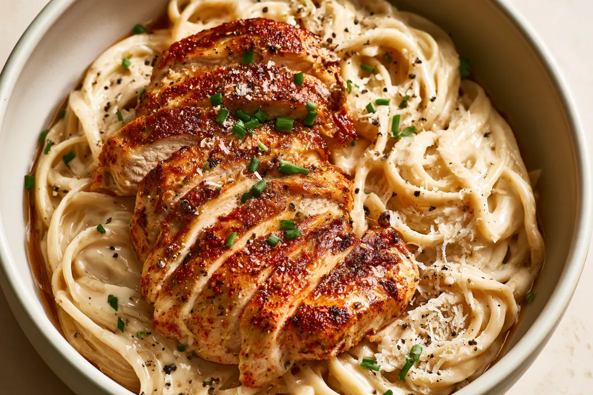 Creamy Garlic Alfredo Chicken Pasta Recipe 1 Photo of Creamy Garlic Alfredo Chicken Pasta Recipe (garlic alfredo chicken pasta): A close, overhead three-quarter view of garlic alfredo chicken pasta in a wide cream-colored bowl, with sliced golden paprika-seasoned chicken over glossy Parmesan Alfredo-coated pasta, chives, cracked black pepper, and grated Parmesan visible