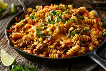 Photo of Ground Beef Dinner Ideas Dinners: Cheesy Taco Skillet (ground beef dinner ideas dinners): Ground beef dinner ideas dinners shown as a cheesy taco pasta skillet, with seasoned ground beef, rotini, corn, tomatoes, melted cheddar, cilantro, and lime wedges in a black cast-iron pan on a rustic kitchen table