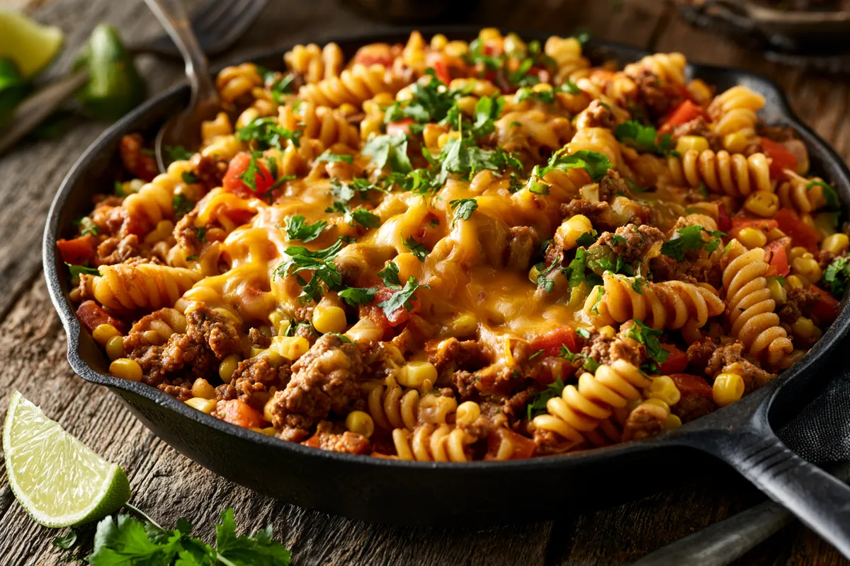 Photo of Ground Beef Dinner Ideas Dinners: Cheesy Taco Skillet (ground beef dinner ideas dinners): Ground beef dinner ideas dinners shown as a cheesy taco pasta skillet, with seasoned ground beef, rotini, corn, tomatoes, melted cheddar, cilantro, and lime wedges in a black cast-iron pan on a rustic kitchen table