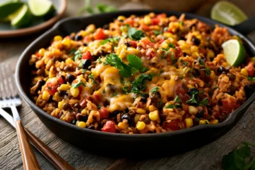 Photo of Healthy Cheap Family Dinners: One-Pot Lentil Taco Rice (healthy cheap family dinners): A vibrant skillet of one-pot lentil taco rice with corn, tomatoes, black beans, melted cheddar, cilantro, and lime wedges, presented as a healthy cheap family dinners meal on a rustic kitchen table