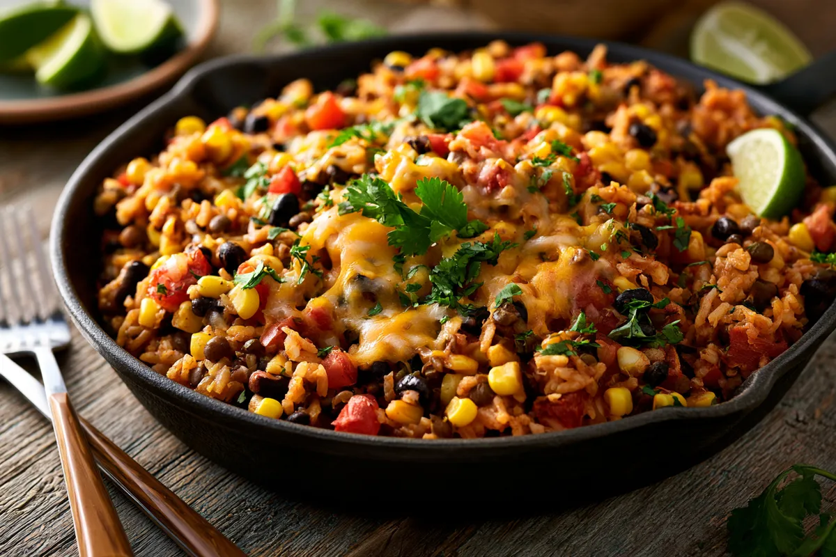Healthy Cheap Family Dinners: One-Pot Lentil Taco Rice 1 Photo of Healthy Cheap Family Dinners: One-Pot Lentil Taco Rice (healthy cheap family dinners): A vibrant skillet of one-pot lentil taco rice with corn, tomatoes, black beans, melted cheddar, cilantro, and lime wedges, presented as a healthy cheap family dinners meal on a rustic kitchen table