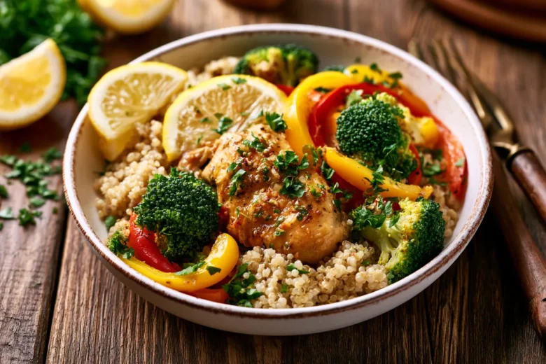 Lemony Chicken Quinoa: Healthy Dinner Recipes Crockpot Clean Eating 16 Photo of Lemony Chicken Quinoa: Healthy Dinner Recipes Crockpot Clean Eating (healthy dinner recipes crockpot clean eating): A rustic white bowl filled with lemon-garlic chicken, fluffy quinoa, broccoli florets, and red and yellow bell peppers from this healthy dinner recipes crockpot clean eating meal, with lemon wedges and chopped parsley on a wooden table