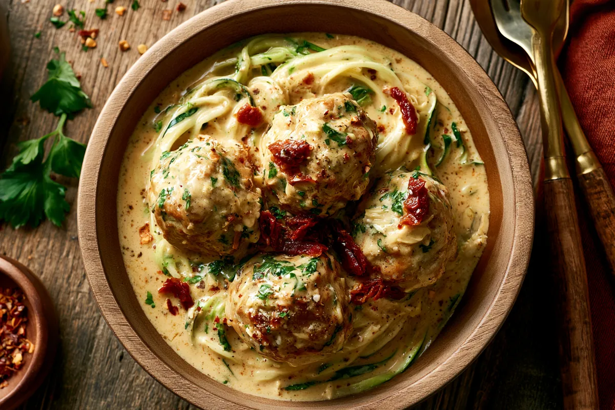 Creamy Chicken Meatballs: Healthy Fall Recipes Dinner Crockpot 1 Photo of Creamy Chicken Meatballs: Healthy Fall Recipes Dinner Crockpot (healthy fall recipes dinner crockpot): A rustic bowl of creamy chicken spinach artichoke meatballs with sun-dried tomatoes, served as a healthy fall recipes dinner crockpot meal over zucchini noodles, warm autumn kitchen light, overhead food photography