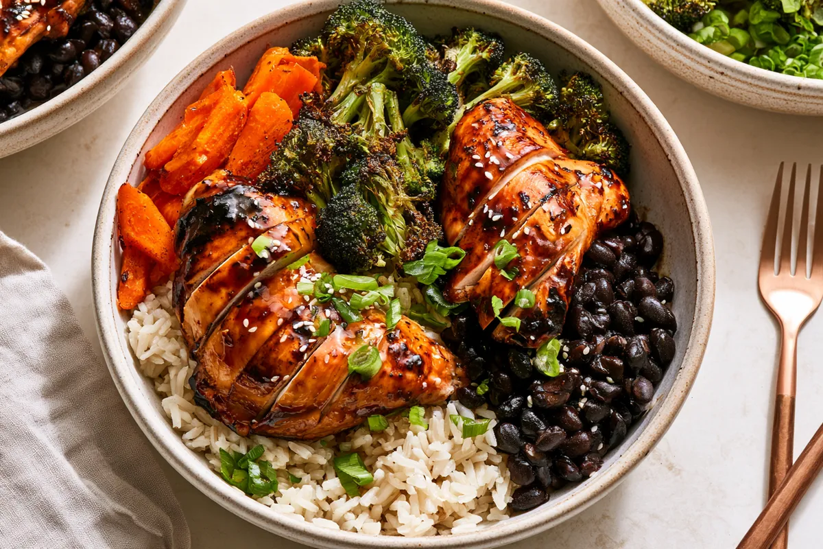 High Fiber Chicken Recipes: Teriyaki Chicken Black Bean Bowls 1 Photo of High Fiber Chicken Recipes: Teriyaki Chicken Black Bean Bowls (high fiber chicken recipes): A warmly lit overhead view of high fiber chicken recipes as teriyaki chicken black bean brown rice bowls, with glazed sliced chicken thighs, black beans, roasted broccoli, carrots, scallions, and sesame seeds in ceramic bowls