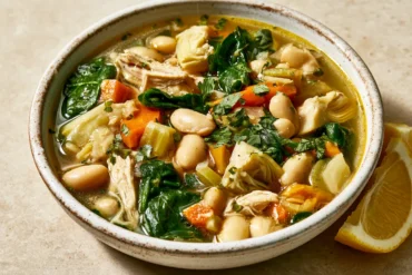 Photo of High Fiber Chicken Soup with White Beans and Artichokes (high fiber chicken soup): A close, overhead three-quarter view of high fiber chicken soup in a rustic white bowl, showing shredded chicken, creamy white beans, chopped artichoke hearts, carrots, celery, wilted spinach, and parsley in clear golden broth, with lemon wedges beside the bowl