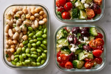 Photo of High Protein Bean Salad Meal Prep with Edamame and Feta (high protein bean salad meal prep): Overhead view of high protein bean salad meal prep in glass containers, showing cannellini beans, chickpeas, bright green edamame, cucumber, quartered cherry tomatoes, kalamata olives, feta, and parsley coated in lemon vinaigrette