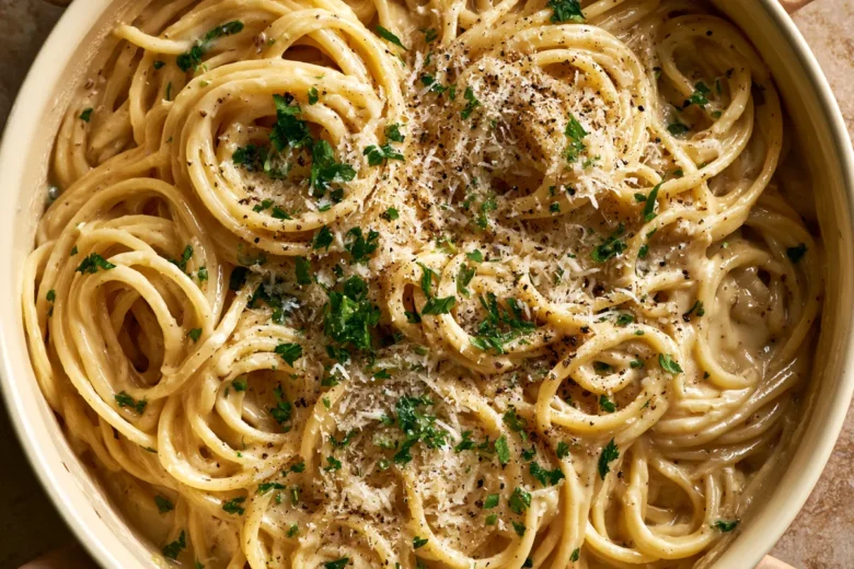One Pot Creamy Garlic Pasta with Parmesan 19 Photo of One Pot Creamy Garlic Pasta with Parmesan (one pot creamy garlic pasta): A close overhead view of one pot creamy garlic pasta, glossy spaghetti coated in creamy Parmesan garlic sauce in a wide cream-colored skillet, topped with finely grated Parmesan, black pepper, and chopped parsley