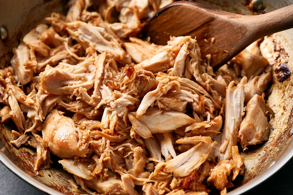 Close-up of shredded rotisserie chicken warming in a wide skillet for sesame ginger pasta and rotisserie chicken recipes, with lightly browned edges and a wooden spoon