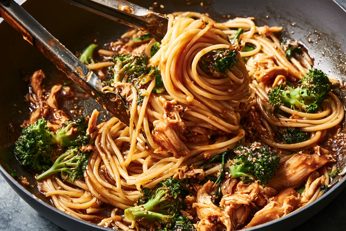 Tongs tossing spaghetti, broccoli, and shredded rotisserie chicken through glossy sesame ginger sauce in a large skillet, showing pasta and rotisserie chicken recipes being finished