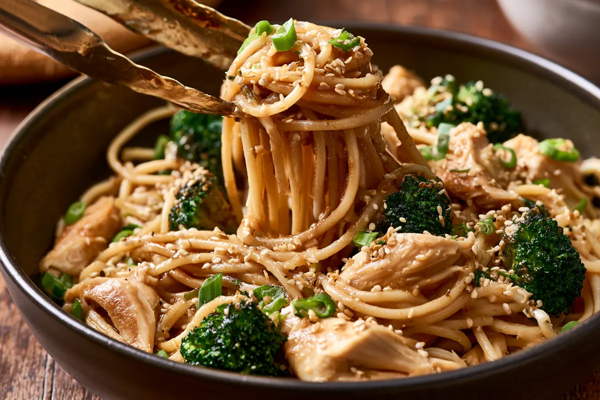 Individual bowl of sesame ginger spaghetti with rotisserie chicken and broccoli being served with tongs, topped with green onions and sesame seeds, a finished pasta and rotisserie chicken recipe